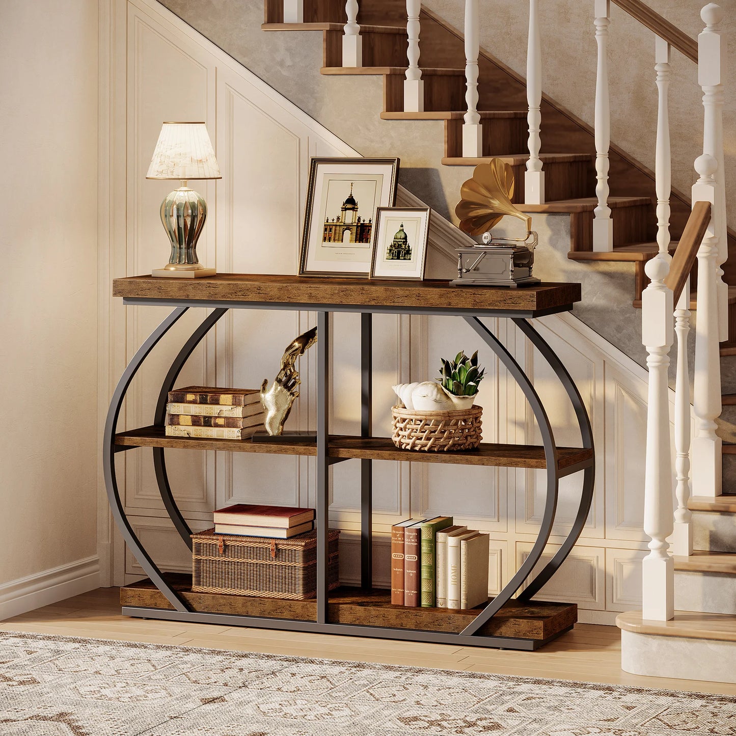 Industrial Console Table With Arched Metal Frame And Storage Shelves