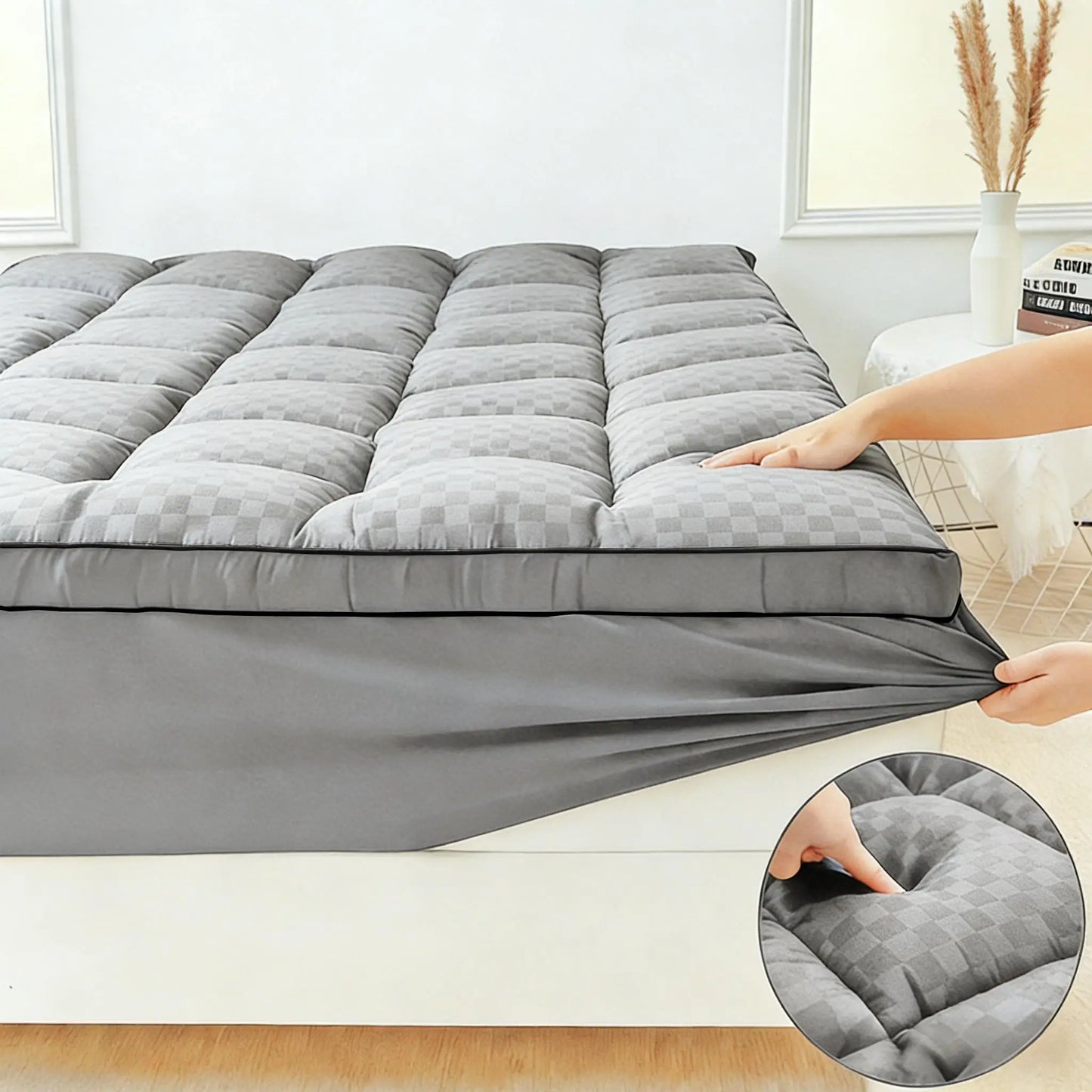 Extra Thick Mattress Topper 500-1000Gsm Cooling Noiseless Breathable Fitted 8-21 Deep Pocket Machine Washable Mattress Pad