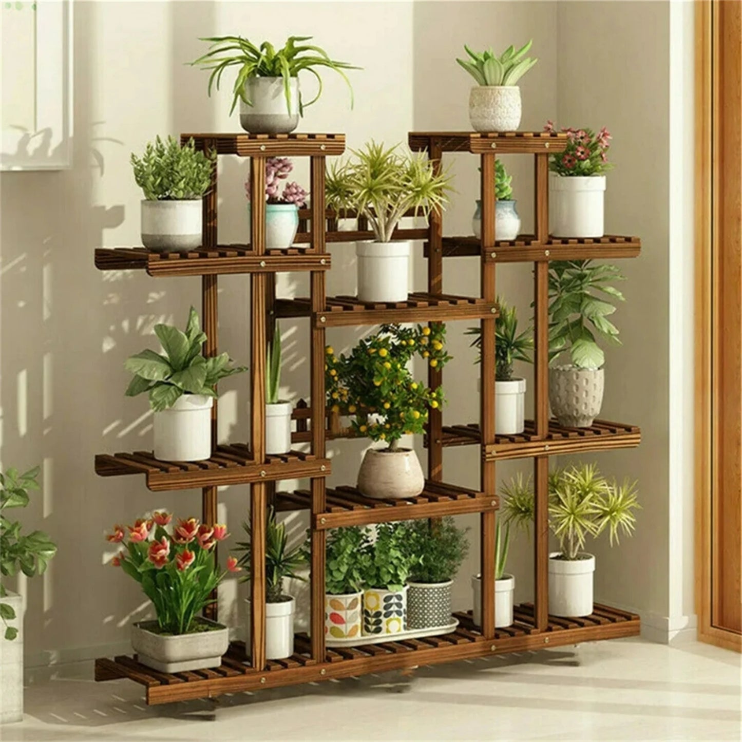 Carbonized 11 Tier Wood Plant Stand For Indoor Outdoor Display