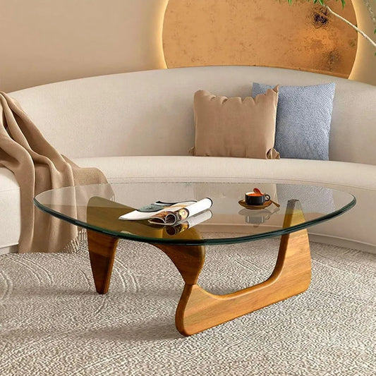 Modern Triangle Glass Coffee Table with Wooden Base for Living Room