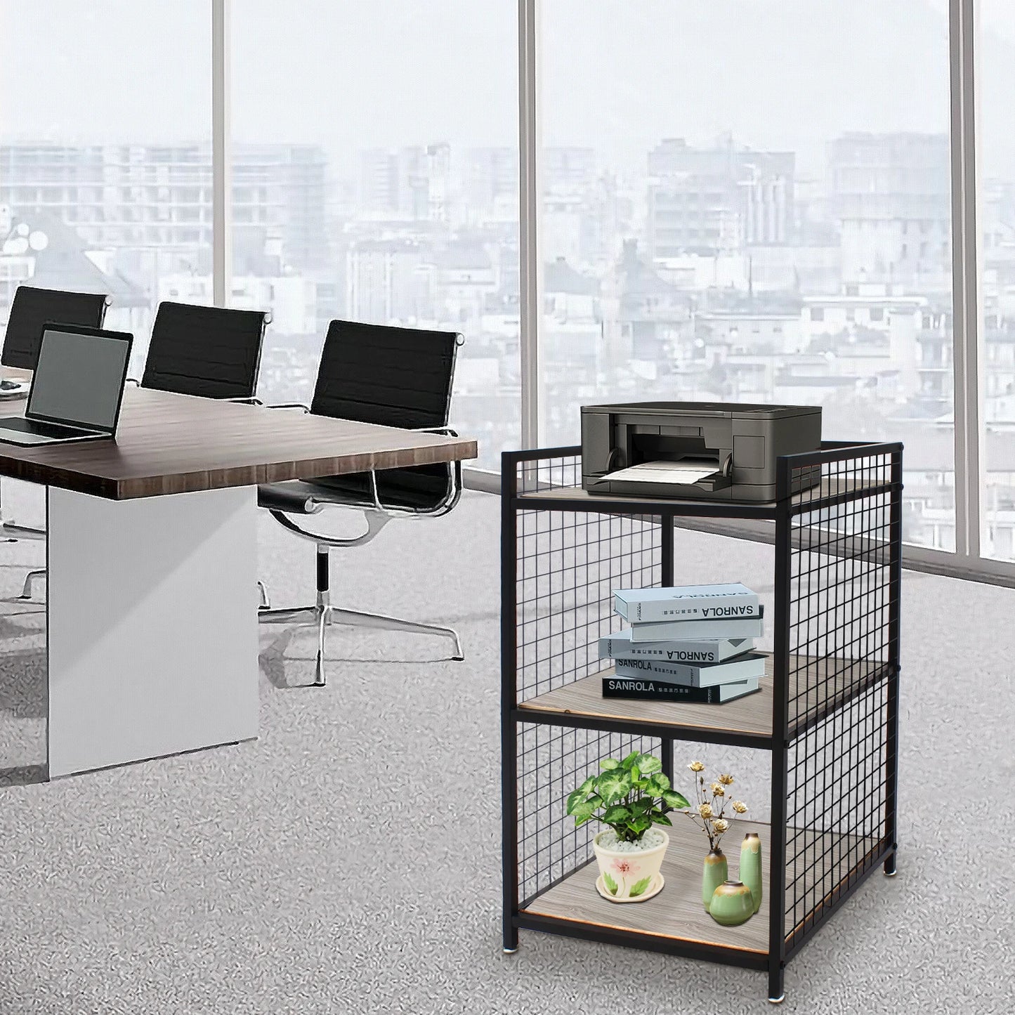 3-Tier Printer Stand Solid Wood & Iron, 44lbs Capacity, Space-Saving Design, Ideal for Office & Home Storage, Durable & Stylish