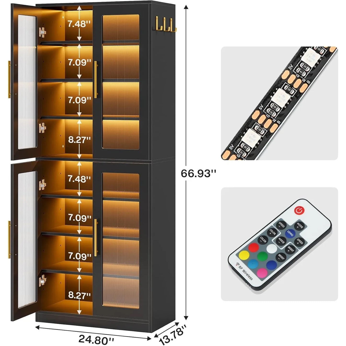 Bookcase with Doors and LED Light, 67-inch Tall Bookshelf with 8-Tier Shelves for Living Room, Bathroom, Office, Kitchen