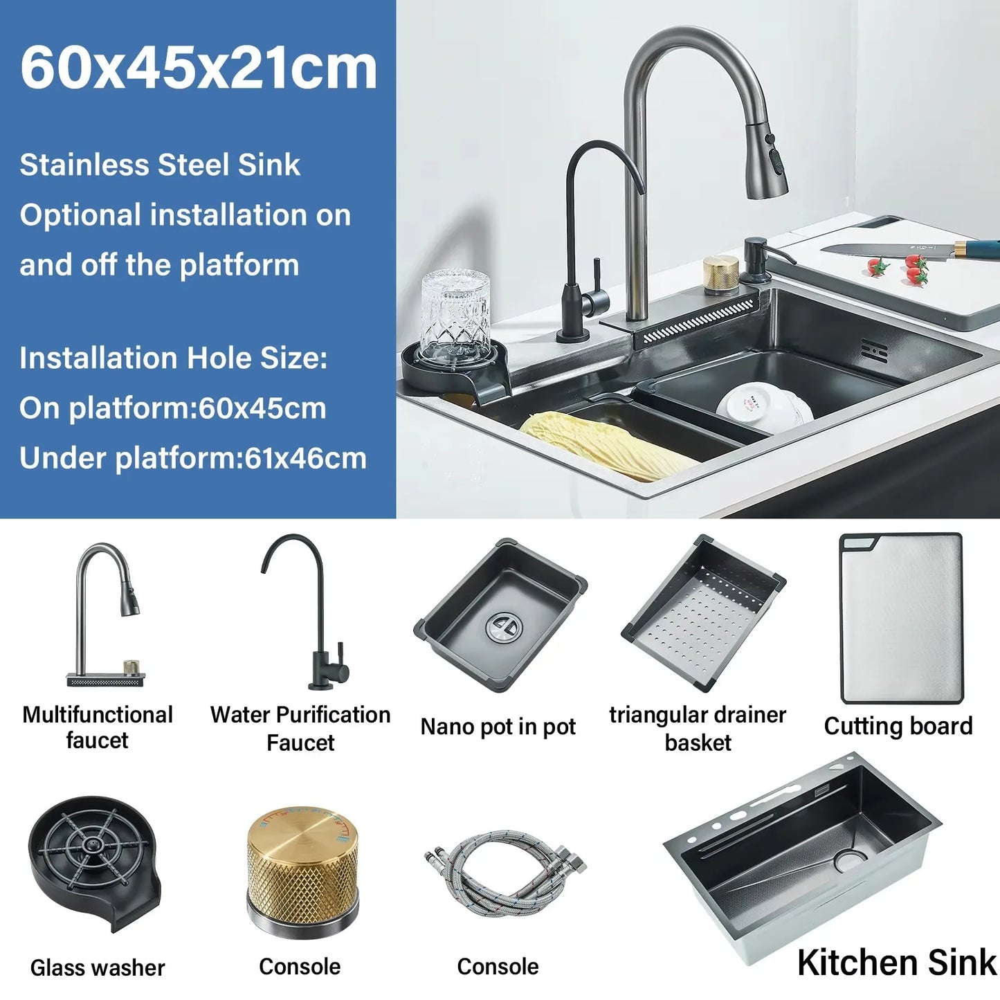 Stainless Steel Kitchen Faucet Set With Rainfall Spout Brushed Finish