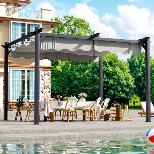 10x12FT Outdoor Aluminum Pergola, with Retractable Canopy and Anchoring Stand, Backyard