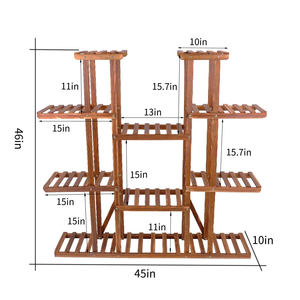 Carbonized 11 Tier Wood Plant Stand For Indoor Outdoor Display