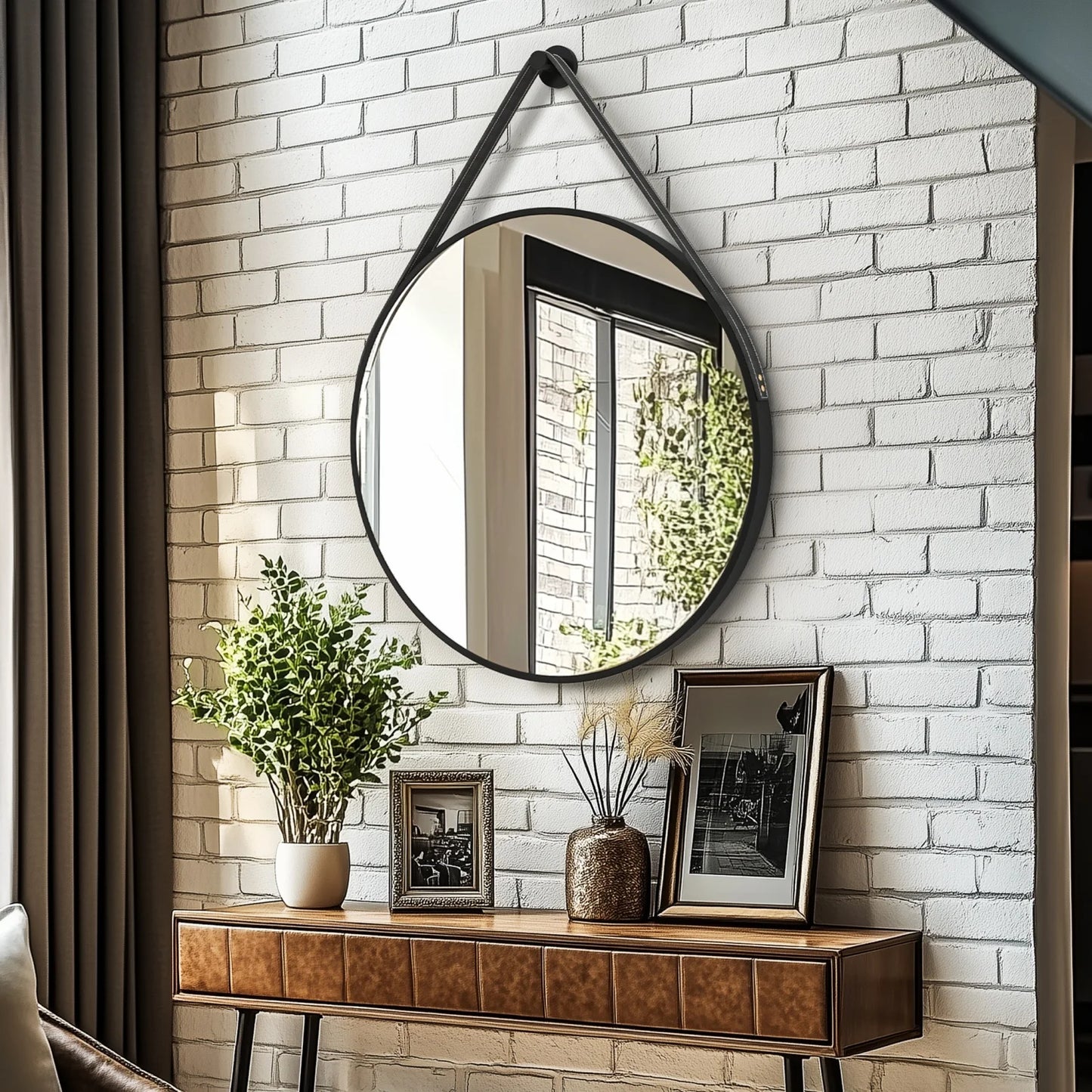 Black/Gold Round Mirror Wall Circle Vanity Mirror with Brushed Aluminum and Leather Strap for Entryway, Bathroom 60/70/80CM