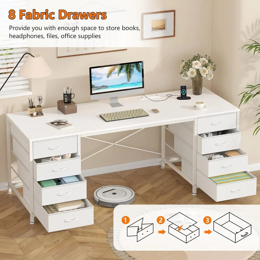 60 Inch Computer Desk with 8 Drawers, Home Office Desk with Power Outlets, Work Study Gaming Desk with 8 Fabric Drawers