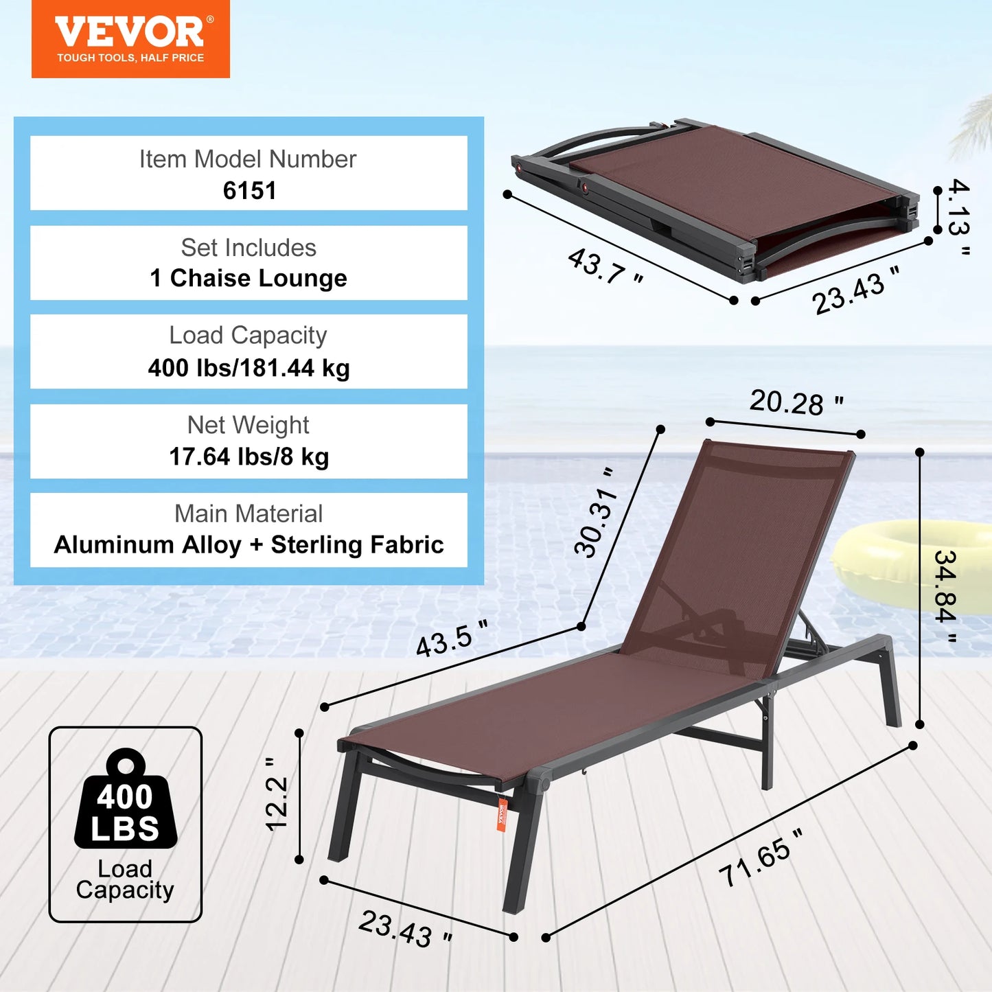 Outdoor Aluminum Chaise Lounge Chair Folding Pool Recliner