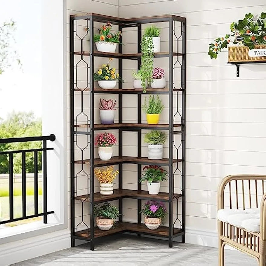 Corner Shelf, 7-Tier Industrial Corner Bookshelf, Freestanding Display Shelf for Living Room, Kitchen, Home Office, Dark Brown