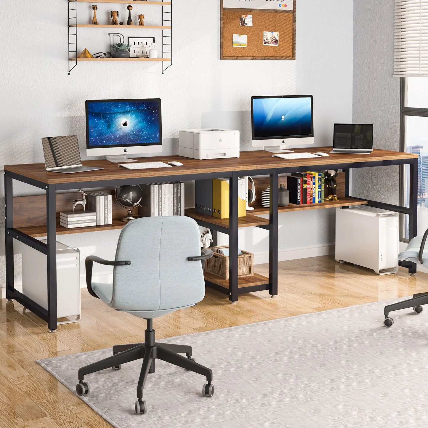 Two Person Desk With Bookshelf For Shared Computer Workspace
