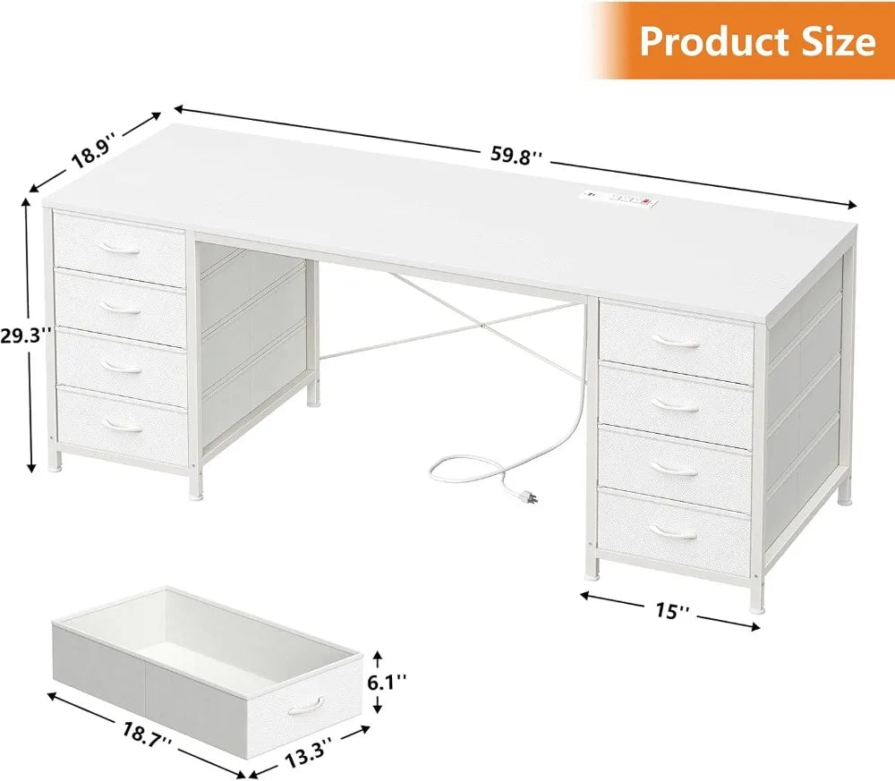 60 Inch Computer Desk with 8 Drawers, Home Office Desk with Power Outlets, Work Study Gaming Desk with 8 Fabric Drawers