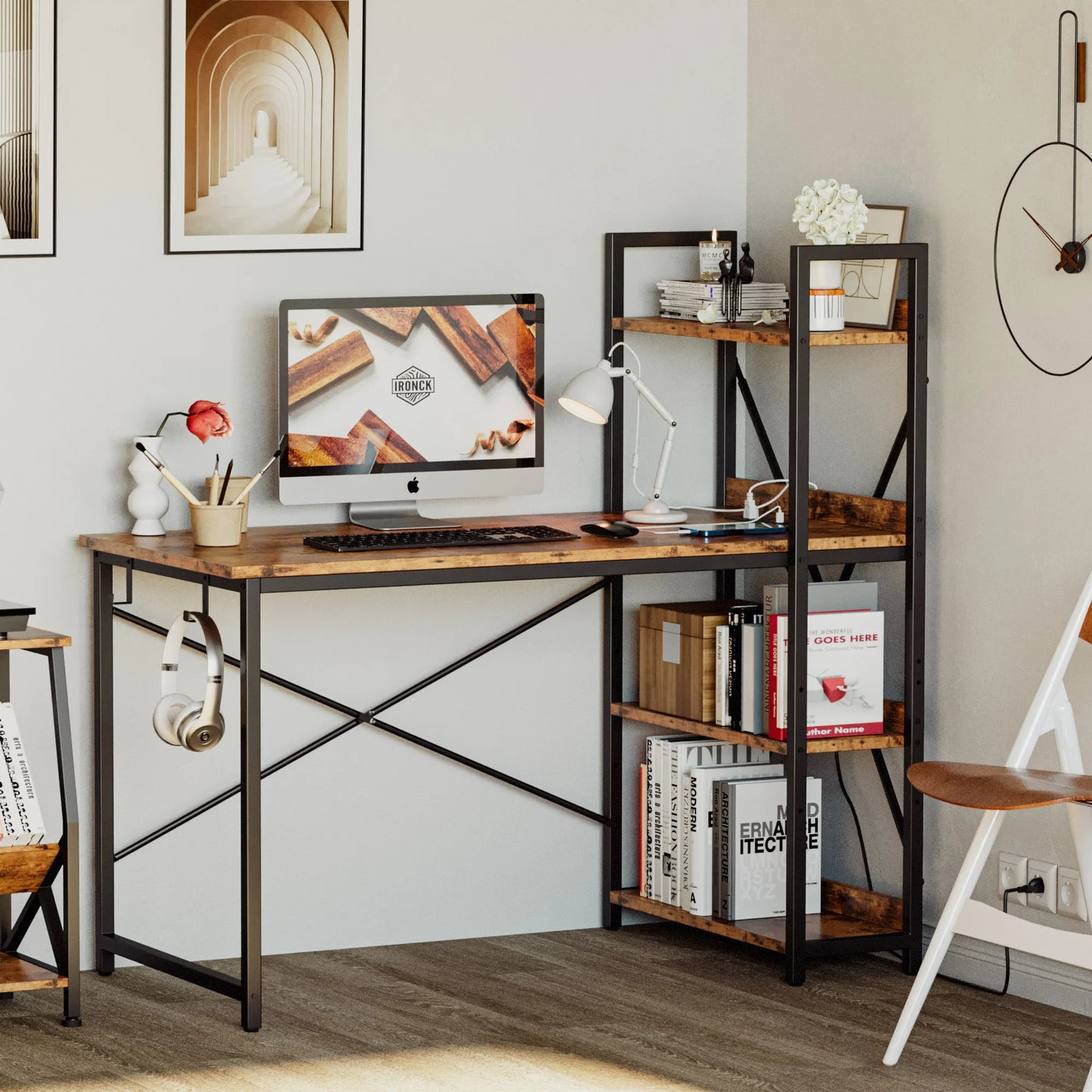 IRONCK Computer Desk 47" with Power Outlet & Storage Shelves, Study Writing Table with USB Ports Charging Station