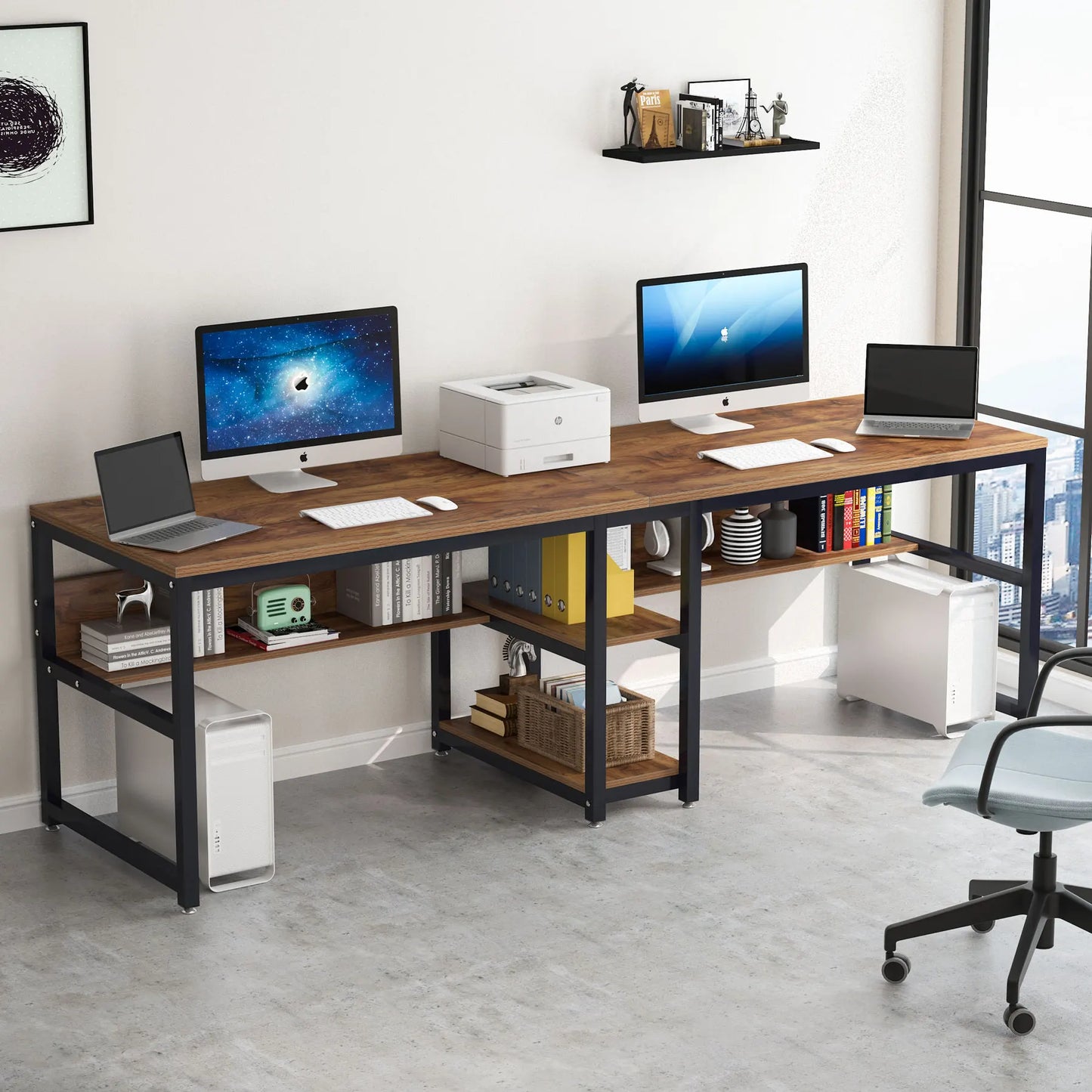 Two Person Desk With Bookshelf For Shared Computer Workspace