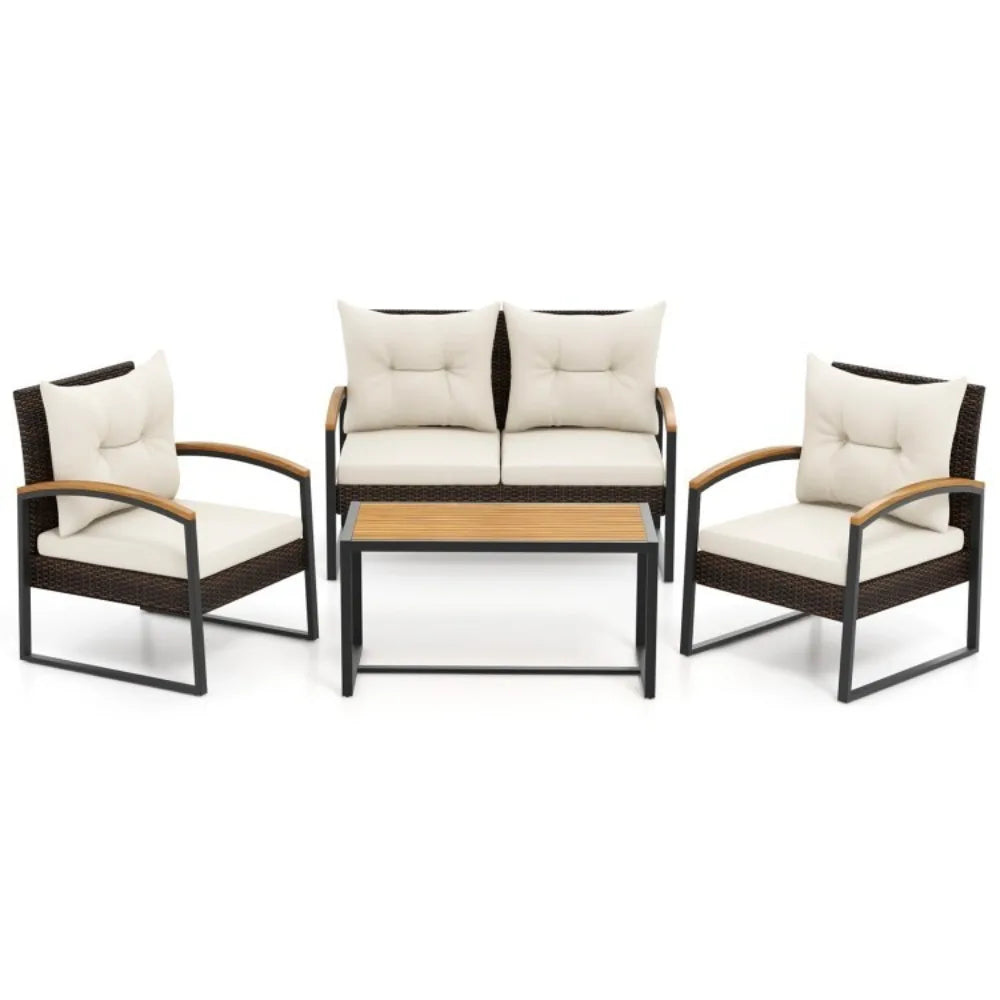 Outdoor Rattan Sofa Set With Tabletop And Cushions