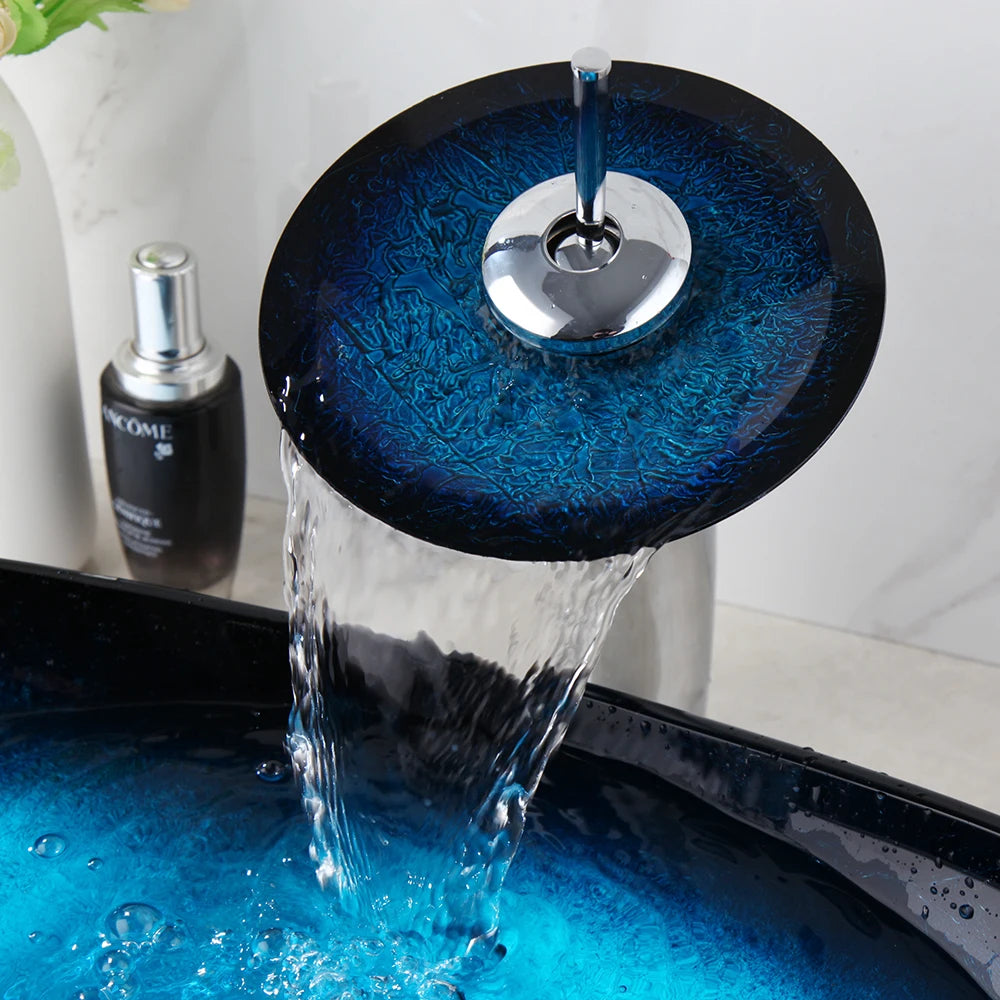 Durable Tempered Glass Vessel Sink With Waterfall Faucet
