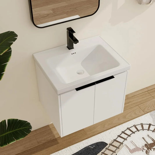 24 Floating Bathroom Vanity with Sink, 24 Inch Single Sink Wall Mounted Bathroom Vanity, with 2 Doors and White Ceramic B