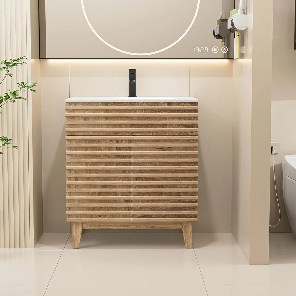 30 Bathroom Vanity with Sink Combo, Mid-Century Storage Cabinet with Wood Stripes, Ceramic Sink and Water Saving Faucet