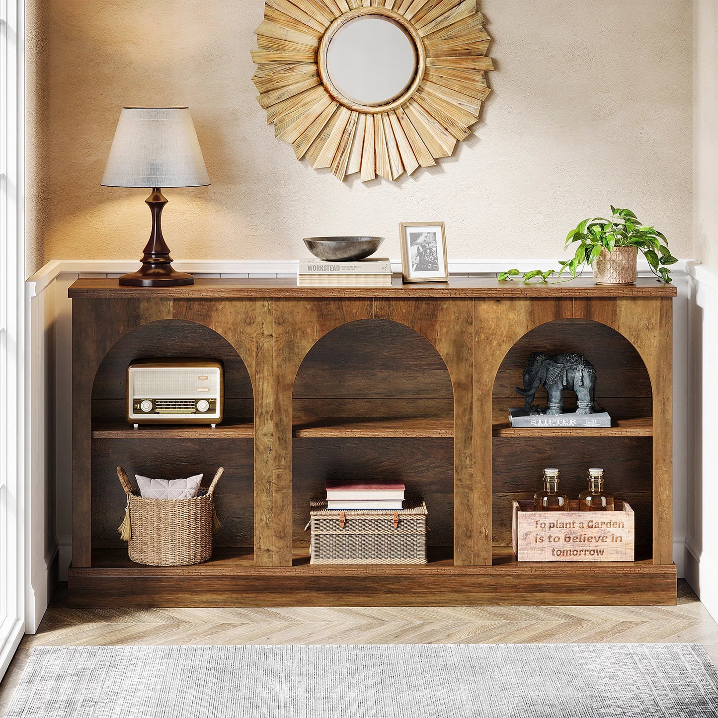 Farmhouse Console Table 63-Inch With Three-Tier Storage