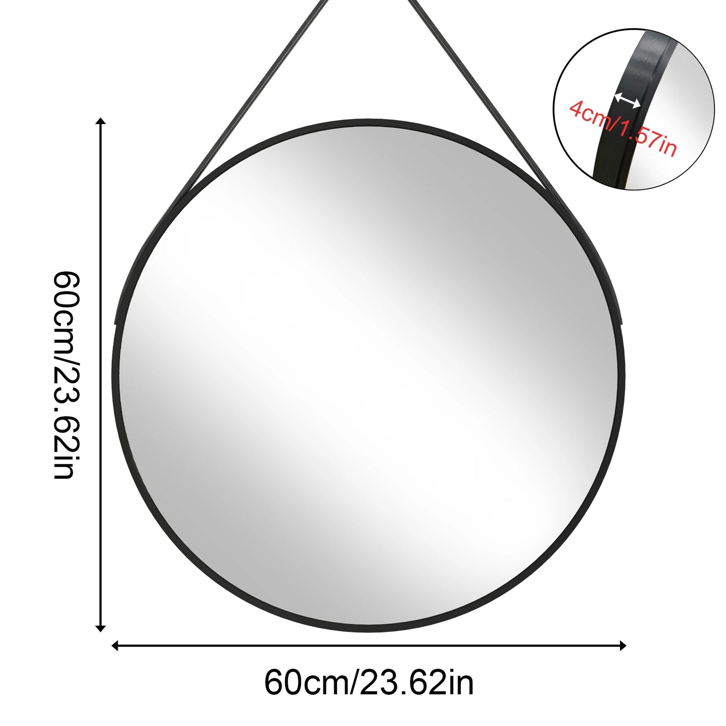 Black/Gold Round Mirror Wall Circle Vanity Mirror with Brushed Aluminum and Leather Strap for Entryway, Bathroom 60/70/80CM