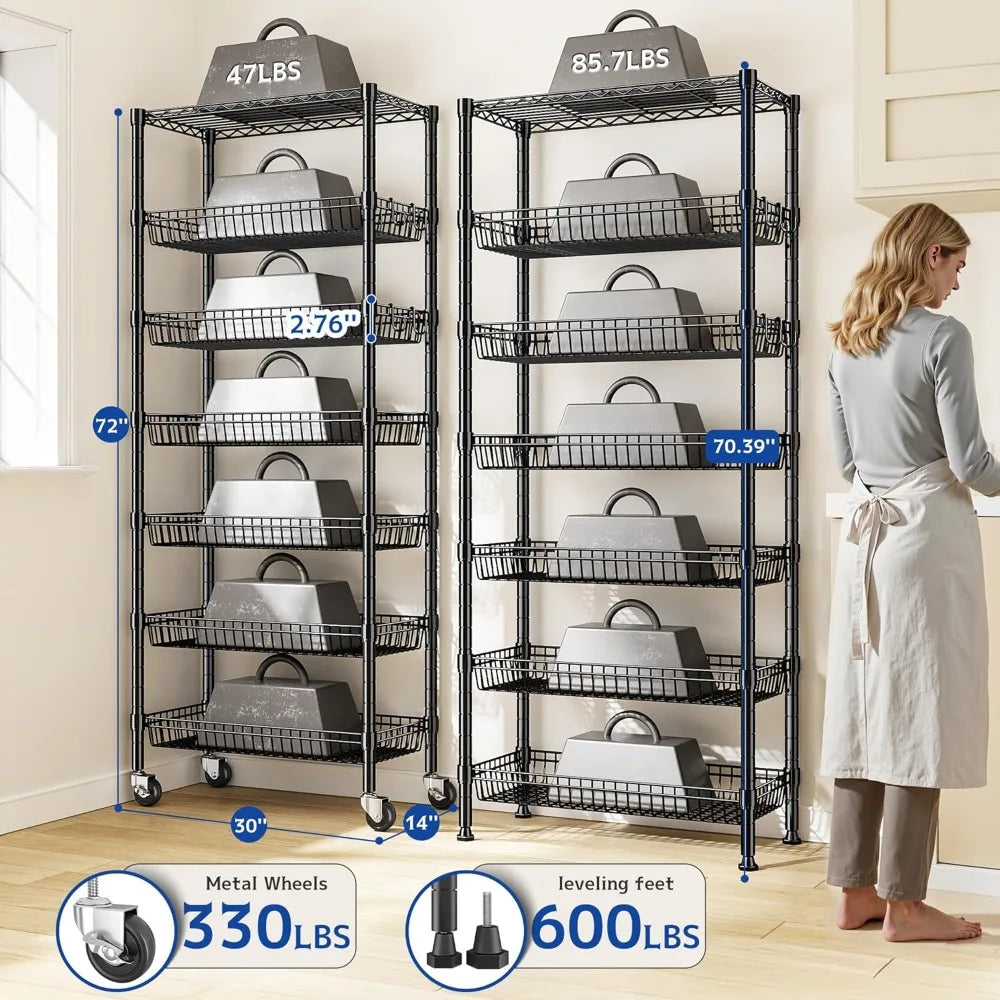 7 Tier Wire Shelving with Wheels 72" H Adjustable Basket Shelf Storage Shelves with Hooks for Kitchen Bathroom Pantry Shelves Cl