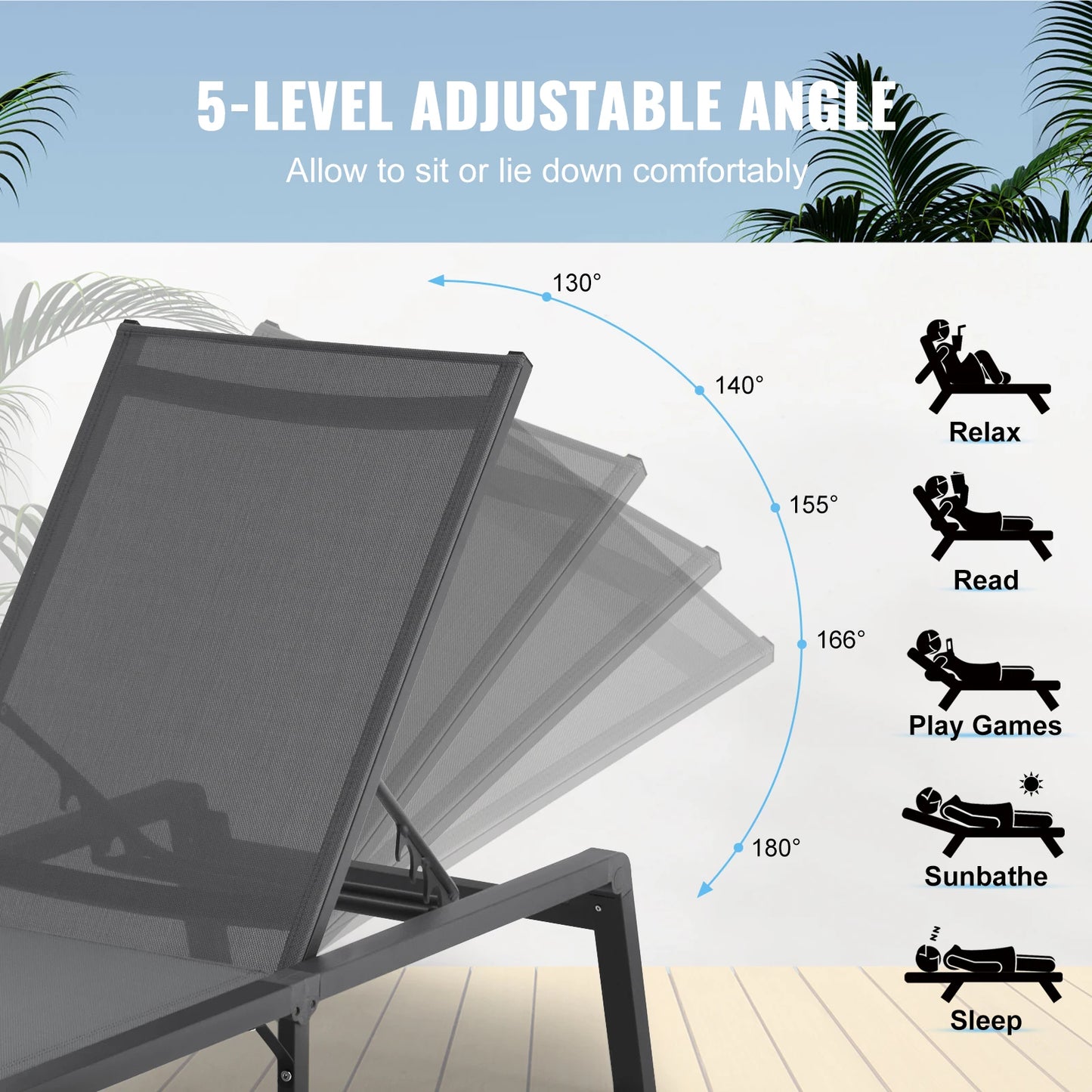 Outdoor Aluminum Chaise Lounge Chair Folding Pool Recliner
