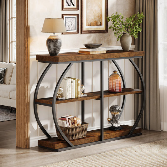 Industrial Console Table With Arched Metal Frame And Storage Shelves