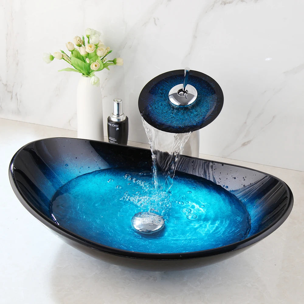 Durable Tempered Glass Vessel Sink With Waterfall Faucet