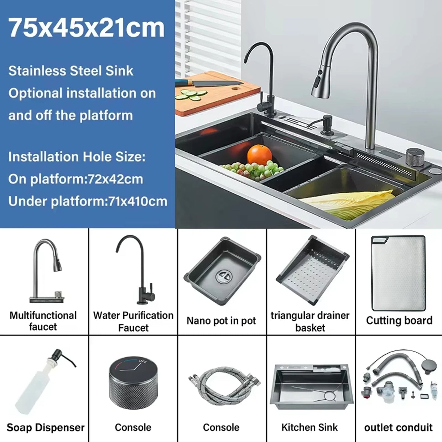 Stainless Steel Kitchen Faucet Set With Rainfall Spout Brushed Finish