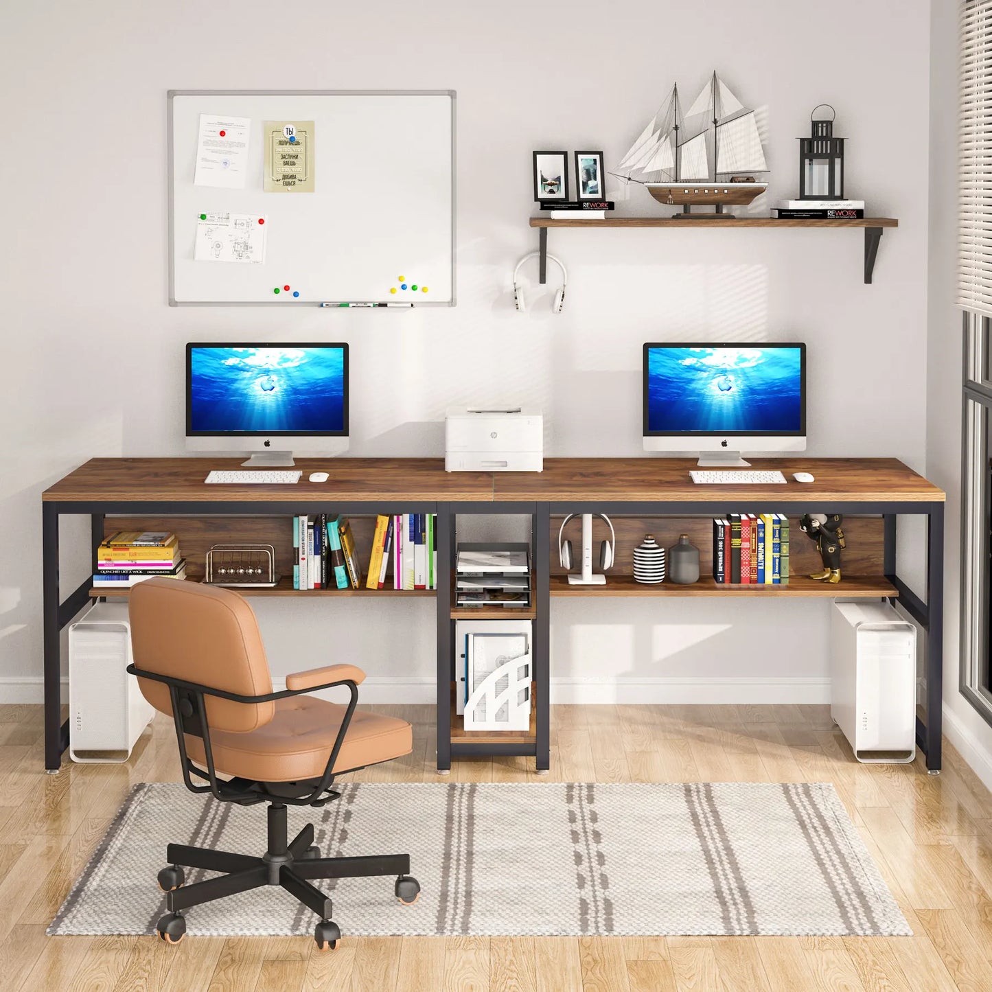 Two Person Desk With Bookshelf For Shared Computer Workspace