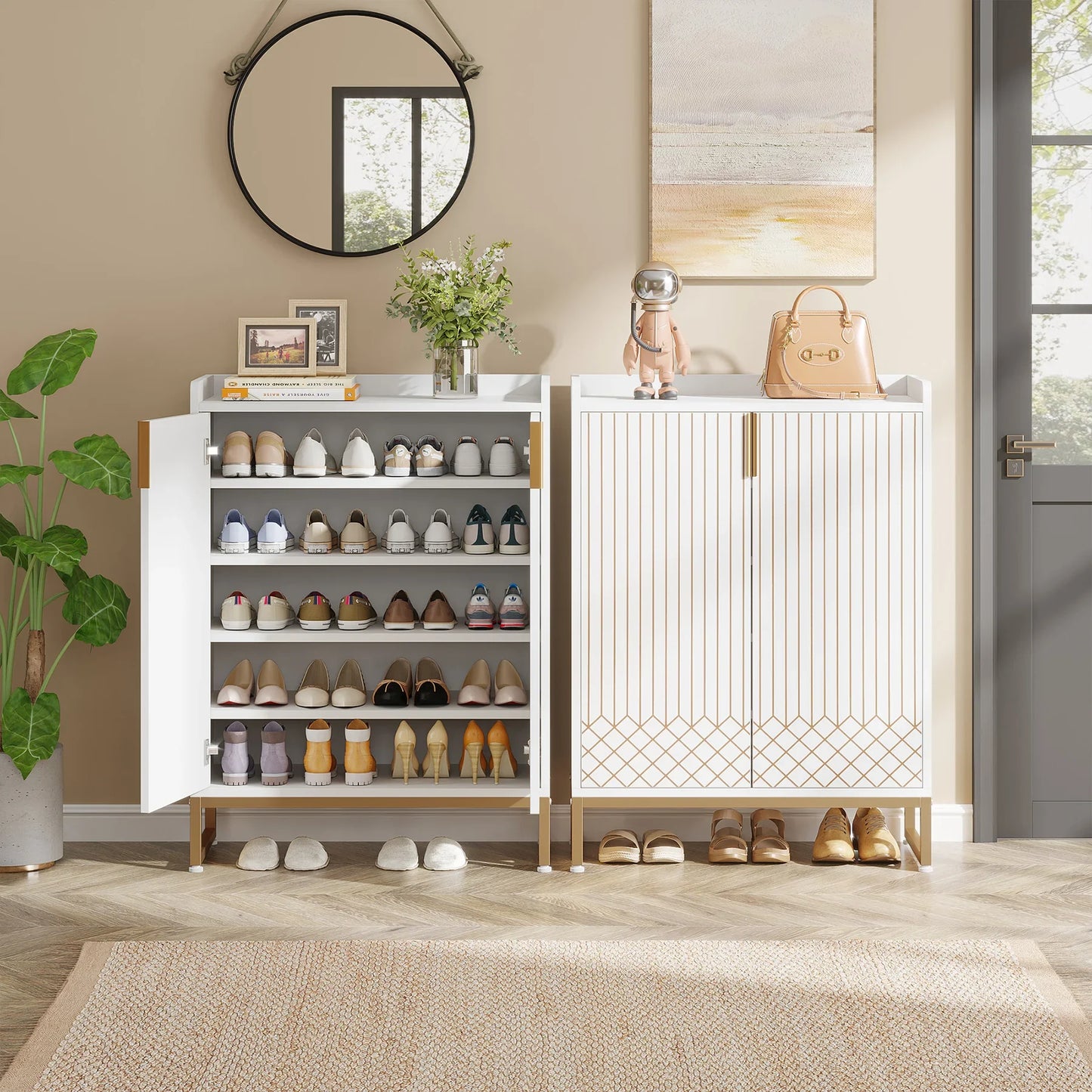 Tribesigns White Shoe Cabinets with Doors, 5-Tier Shoe Rack, Wood Storage Cabinet for Bedroom Hallway Living Room