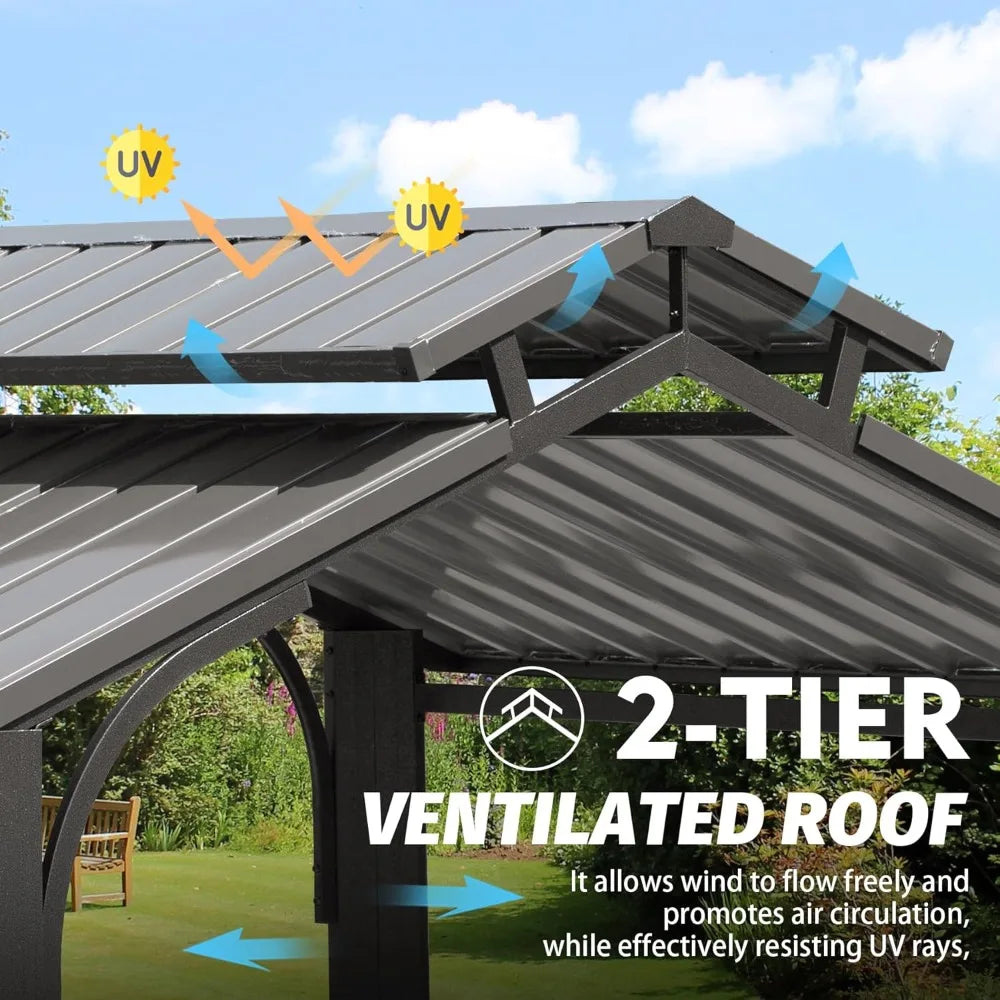 8x5FT Hardtop Grill Gazebo, Grill Canopy for Outdoor Grill w/Double Galvanized Steel Roof, 2 Side Shelves and Ceiling Hooks