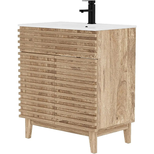 30 Bathroom Vanity with Sink Combo, Mid-Century Storage Cabinet with Wood Stripes, Ceramic Sink and Water Saving Faucet