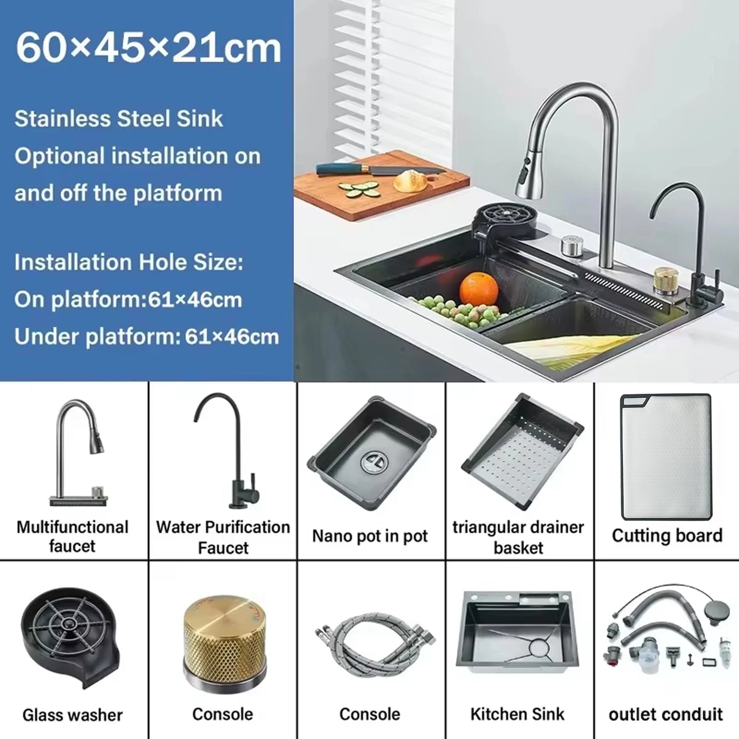 Stainless Steel Kitchen Faucet Set With Rainfall Spout Brushed Finish
