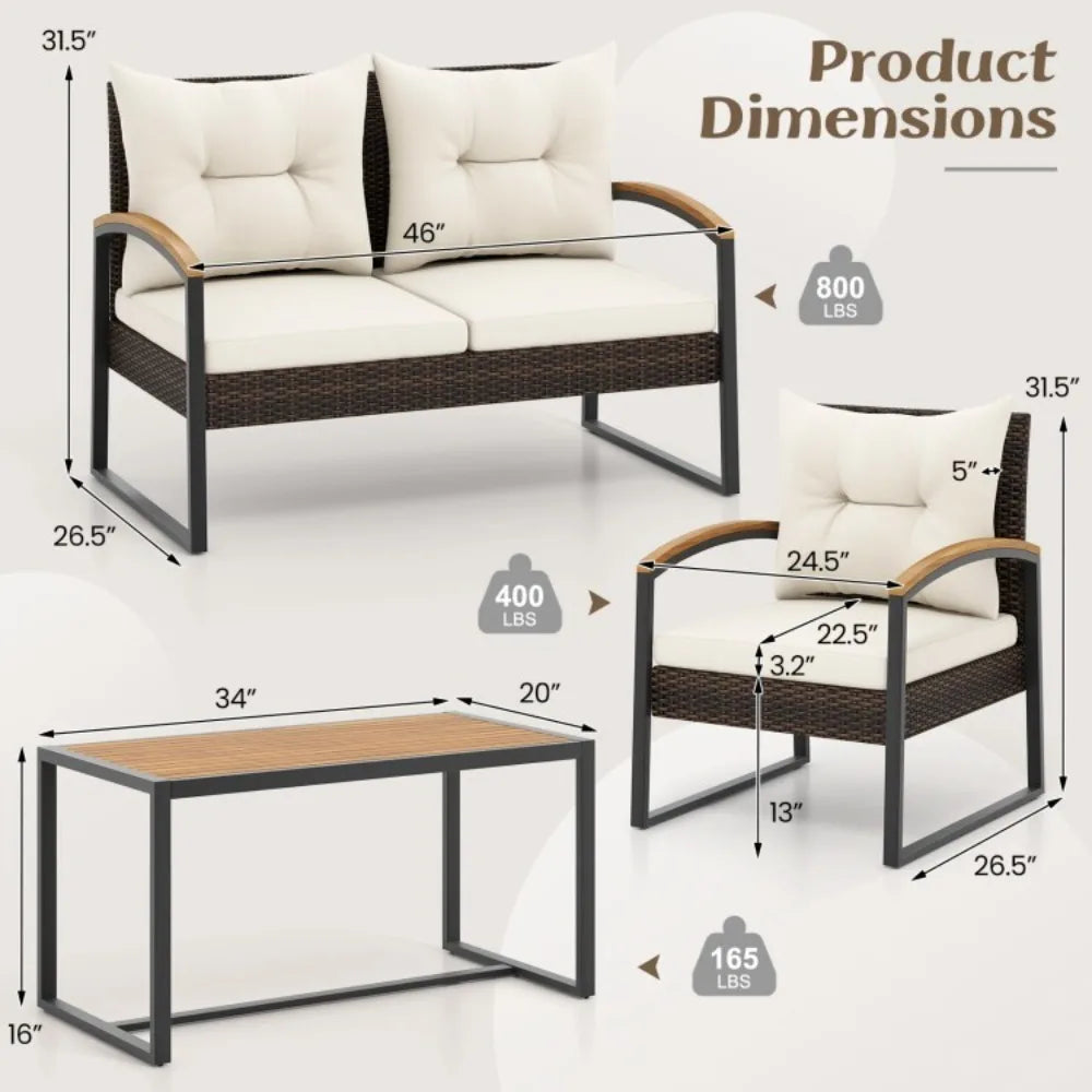 Outdoor Rattan Sofa Set With Tabletop And Cushions