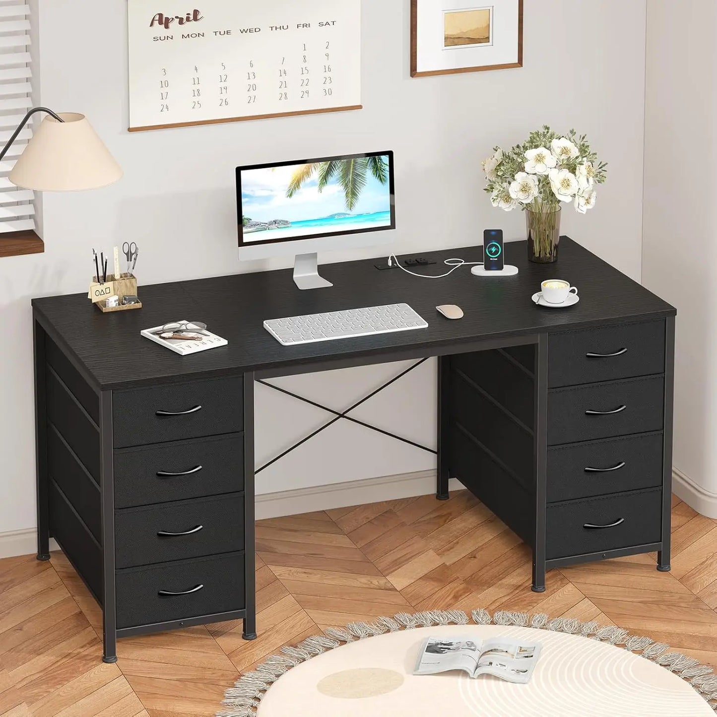 60 Inch Computer Desk with 8 Drawers, Home Office Desk with Power Outlets, Work Study Gaming Desk with 8 Fabric Drawers