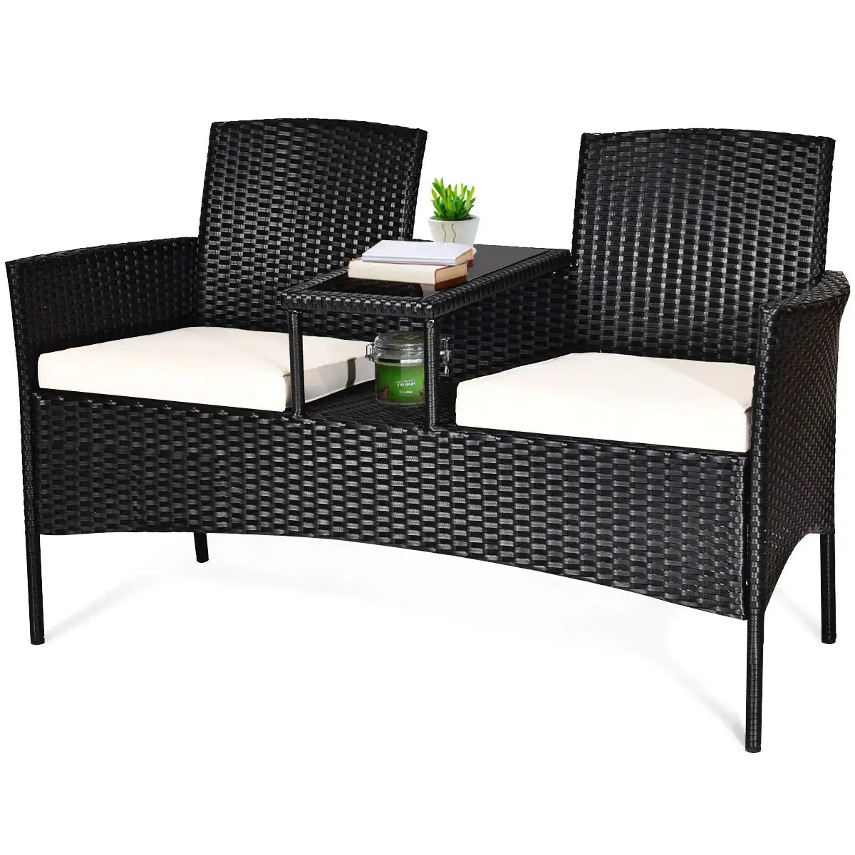 Outdoor Rattan Loveseat Patio Set With Cushions And Table Weatherproof