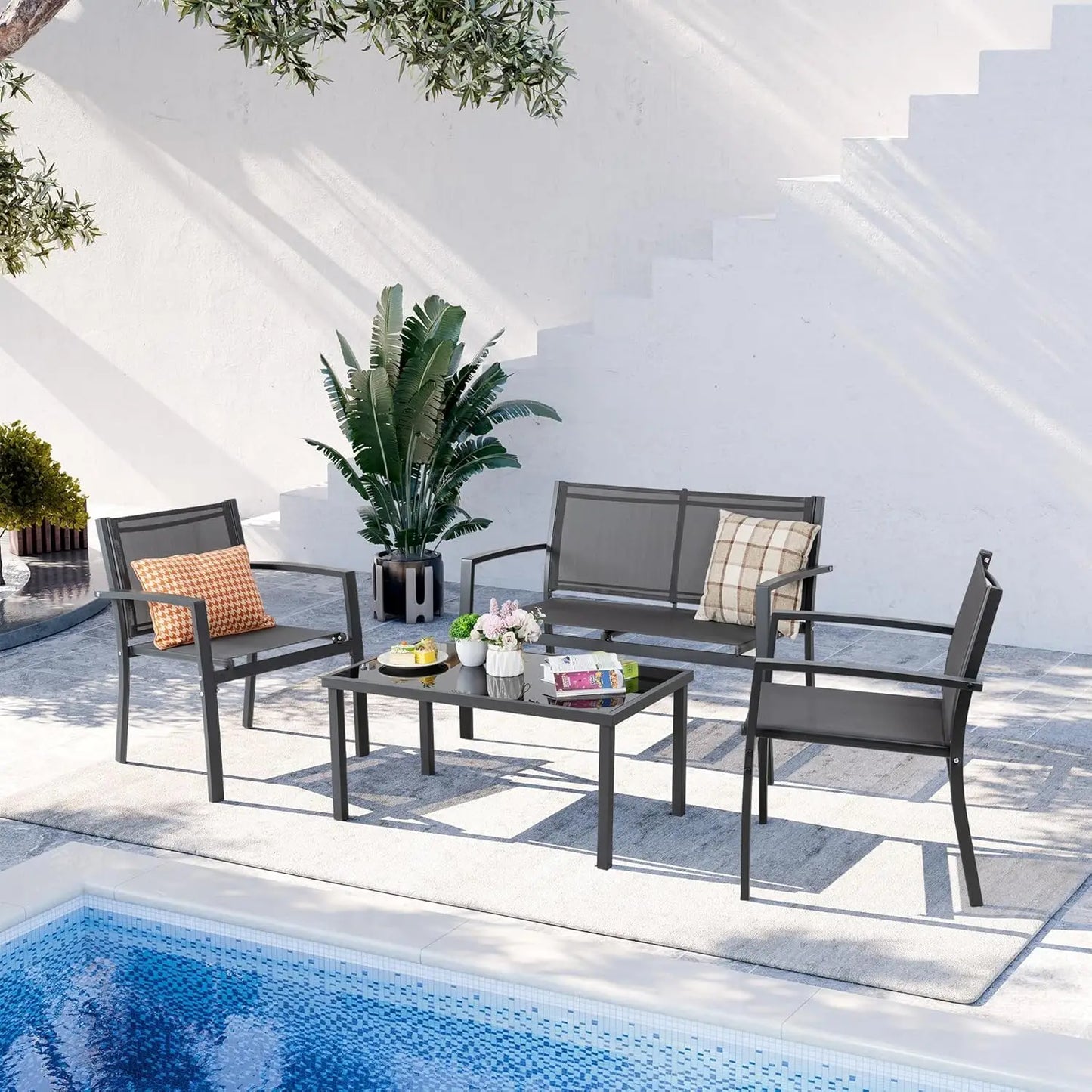 All Weather Outdoor Patio Set With Glass Table And Chairs