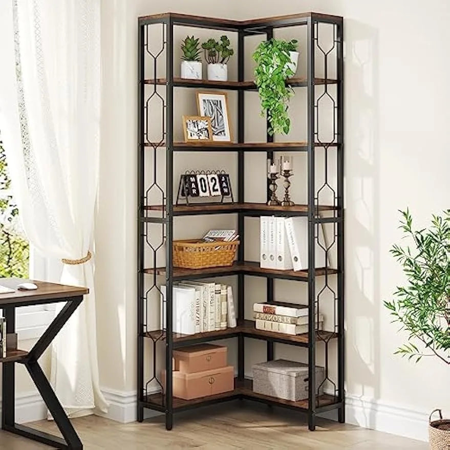 Corner Shelf, 7-Tier Industrial Corner Bookshelf, Freestanding Display Shelf for Living Room, Kitchen, Home Office, Dark Brown