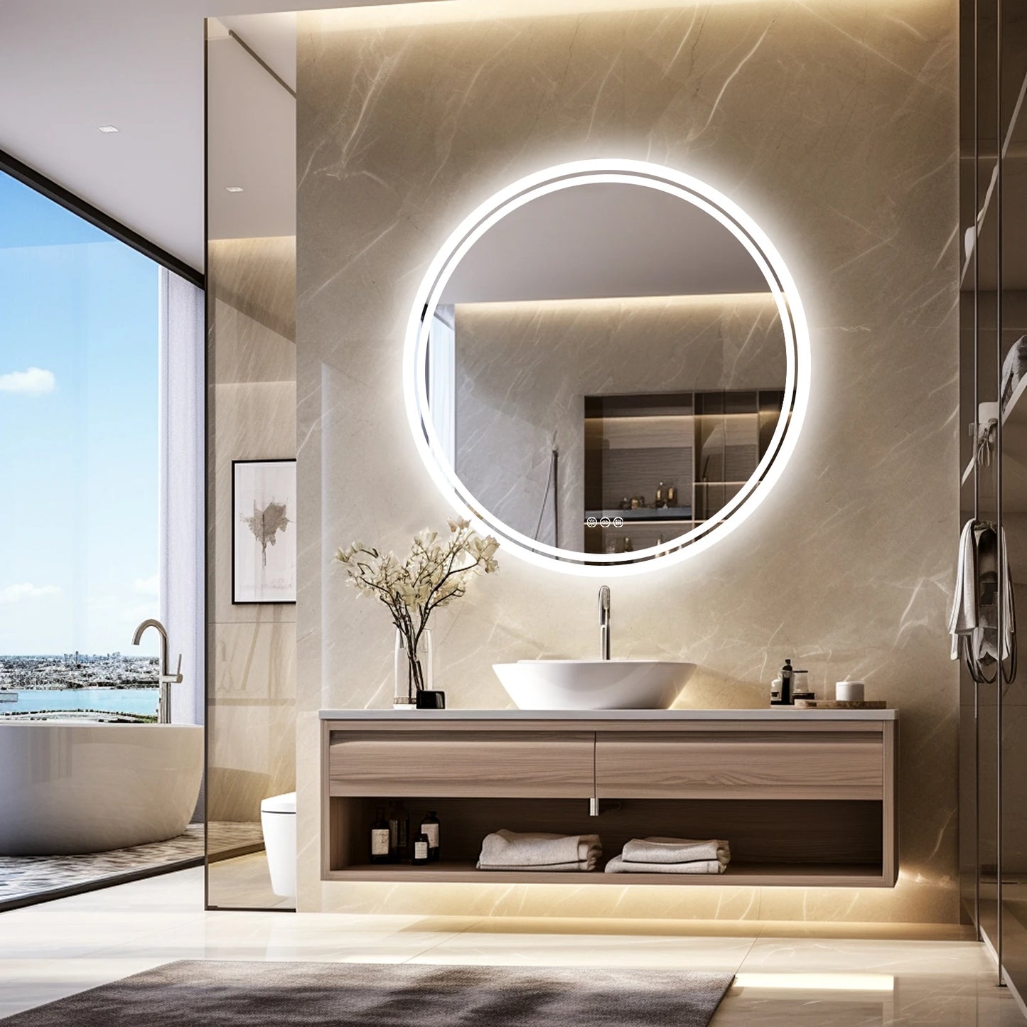 ProfessionalGrade Bathroom Mirror With LED Backlit Illumination IP65 Dimmable Circle