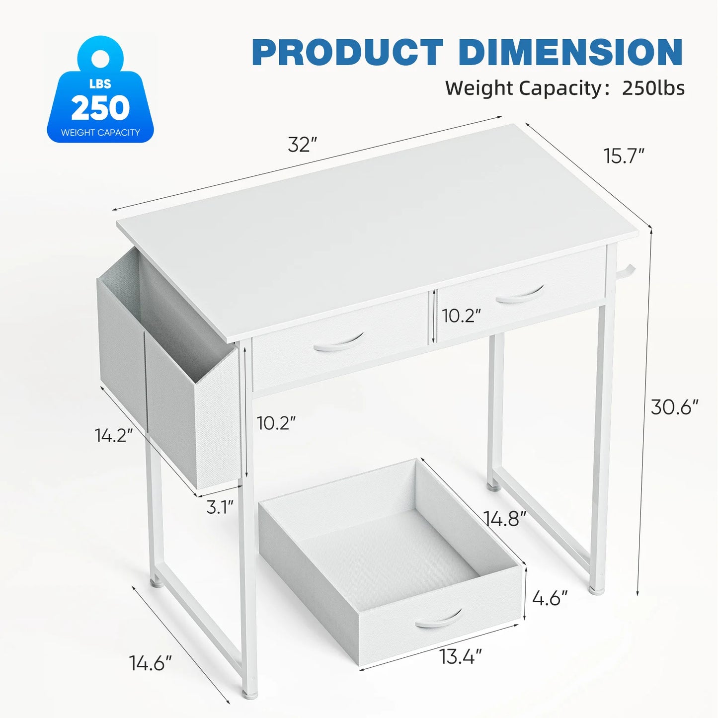 32 Inch Modern Office Desk With Fabric Storage Drawers