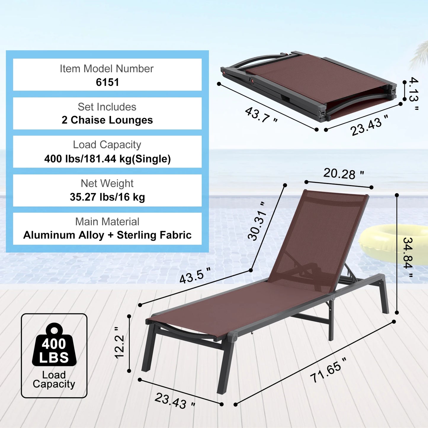 Outdoor Aluminum Chaise Lounge Chair Folding Pool Recliner