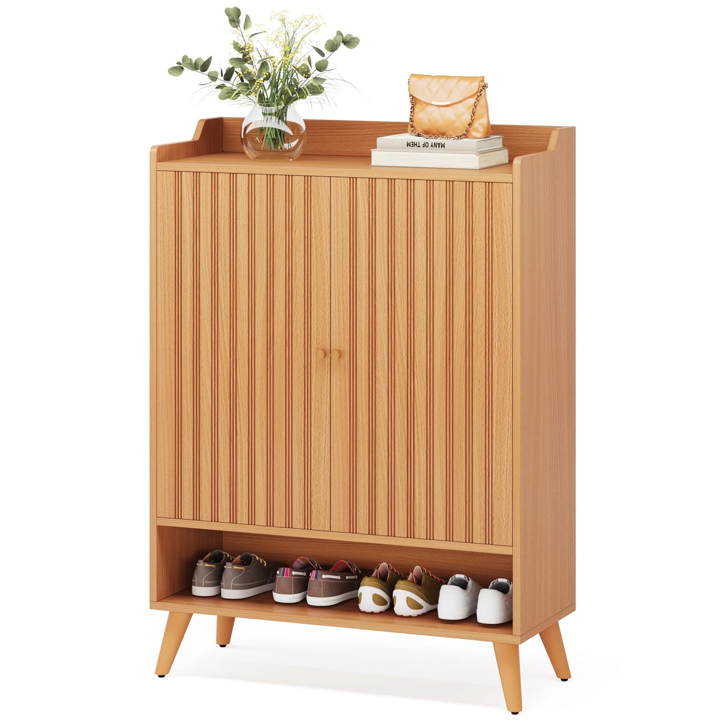 Tribesigns White Shoe Cabinets with Doors, 5-Tier Shoe Rack, Wood Storage Cabinet for Bedroom Hallway Living Room