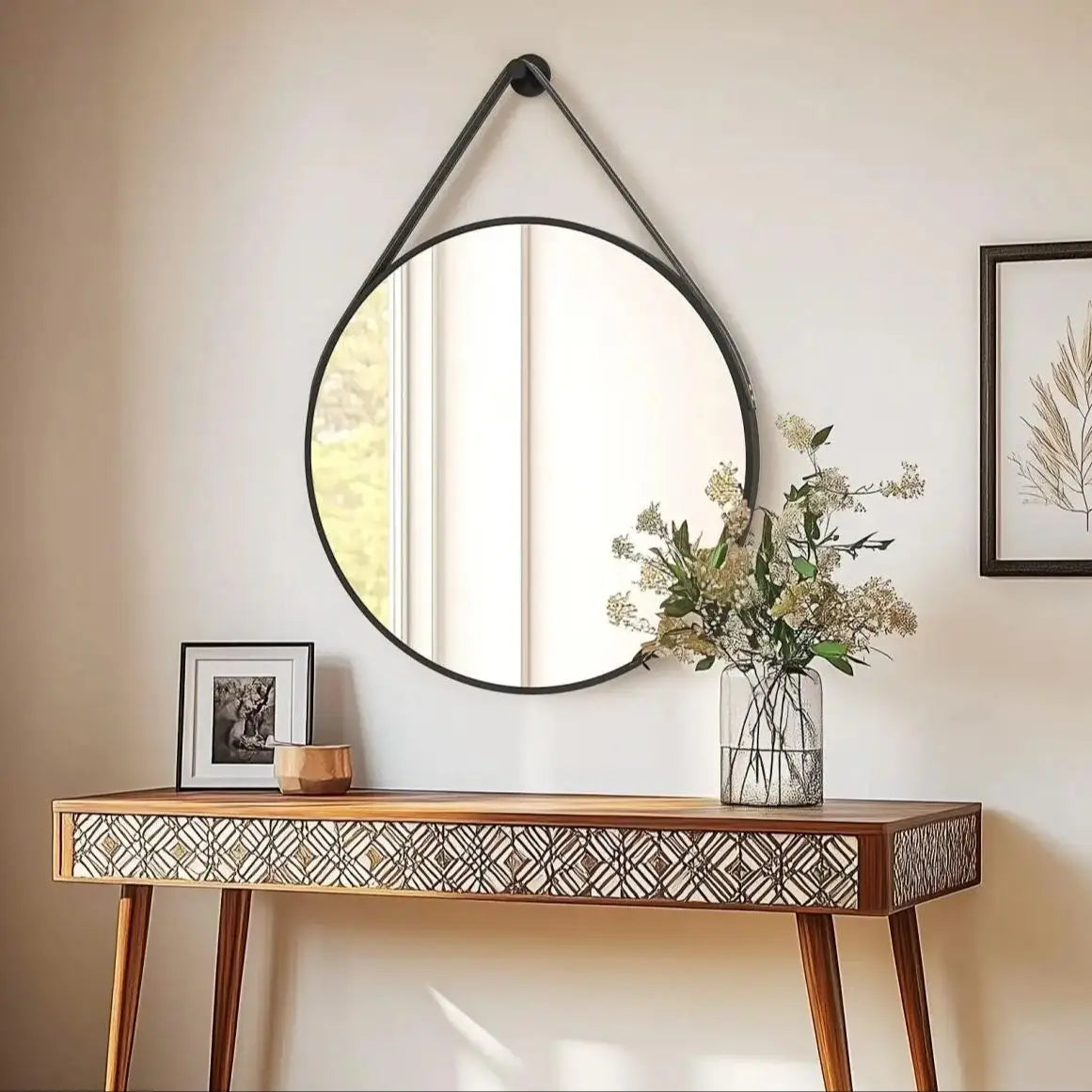 Black/Gold Round Mirror Wall Circle Vanity Mirror with Brushed Aluminum and Leather Strap for Entryway, Bathroom 60/70/80CM