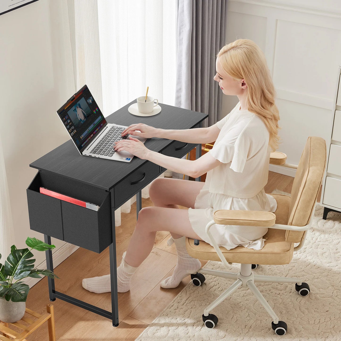 32 Inch Modern Office Desk With Fabric Storage Drawers