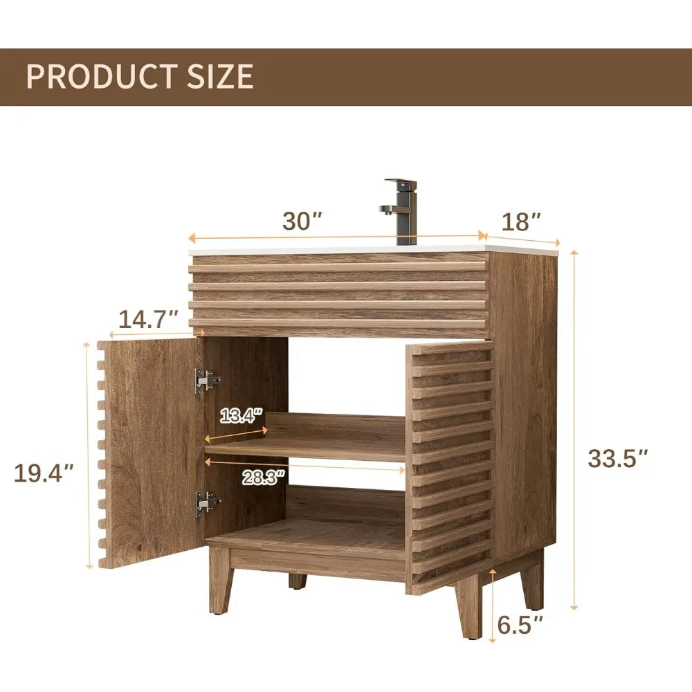 30 Bathroom Vanity with Sink Combo, Mid-Century Storage Cabinet with Wood Stripes, Ceramic Sink and Water Saving Faucet