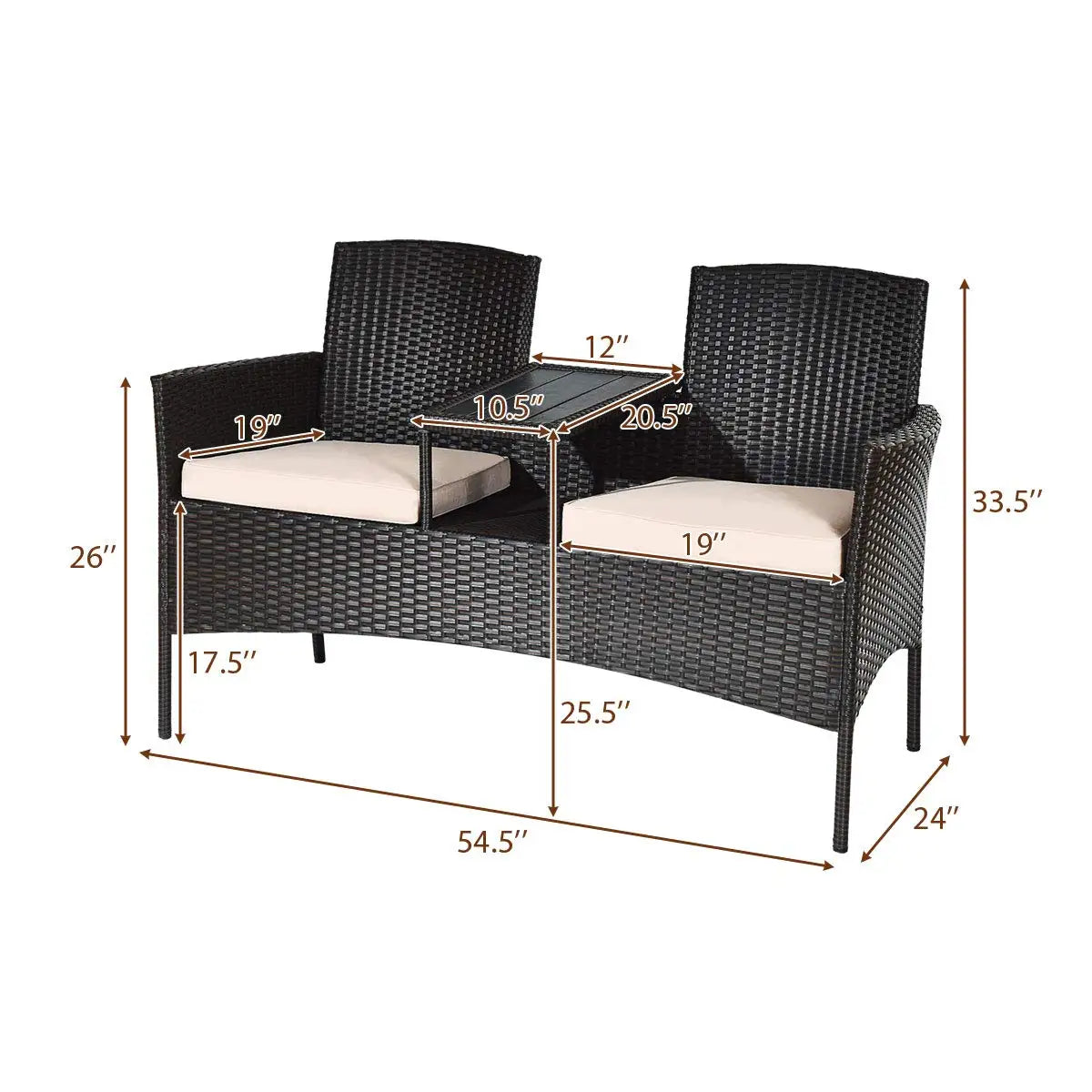 Outdoor Rattan Loveseat Patio Set With Cushions And Table Weatherproof