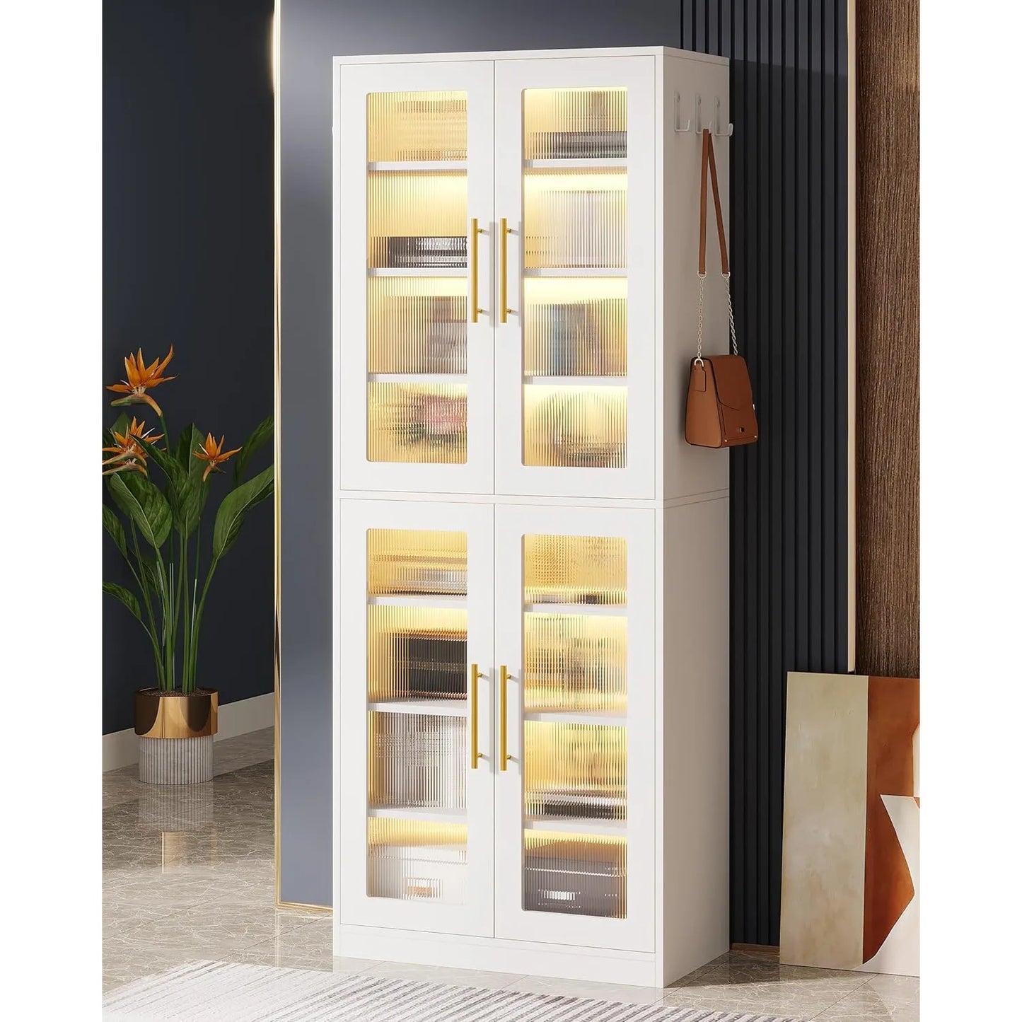 Bookcase with Doors and LED Light, 67-inch Tall Bookshelf with 8-Tier Shelves for Living Room, Bathroom, Office, Kitchen