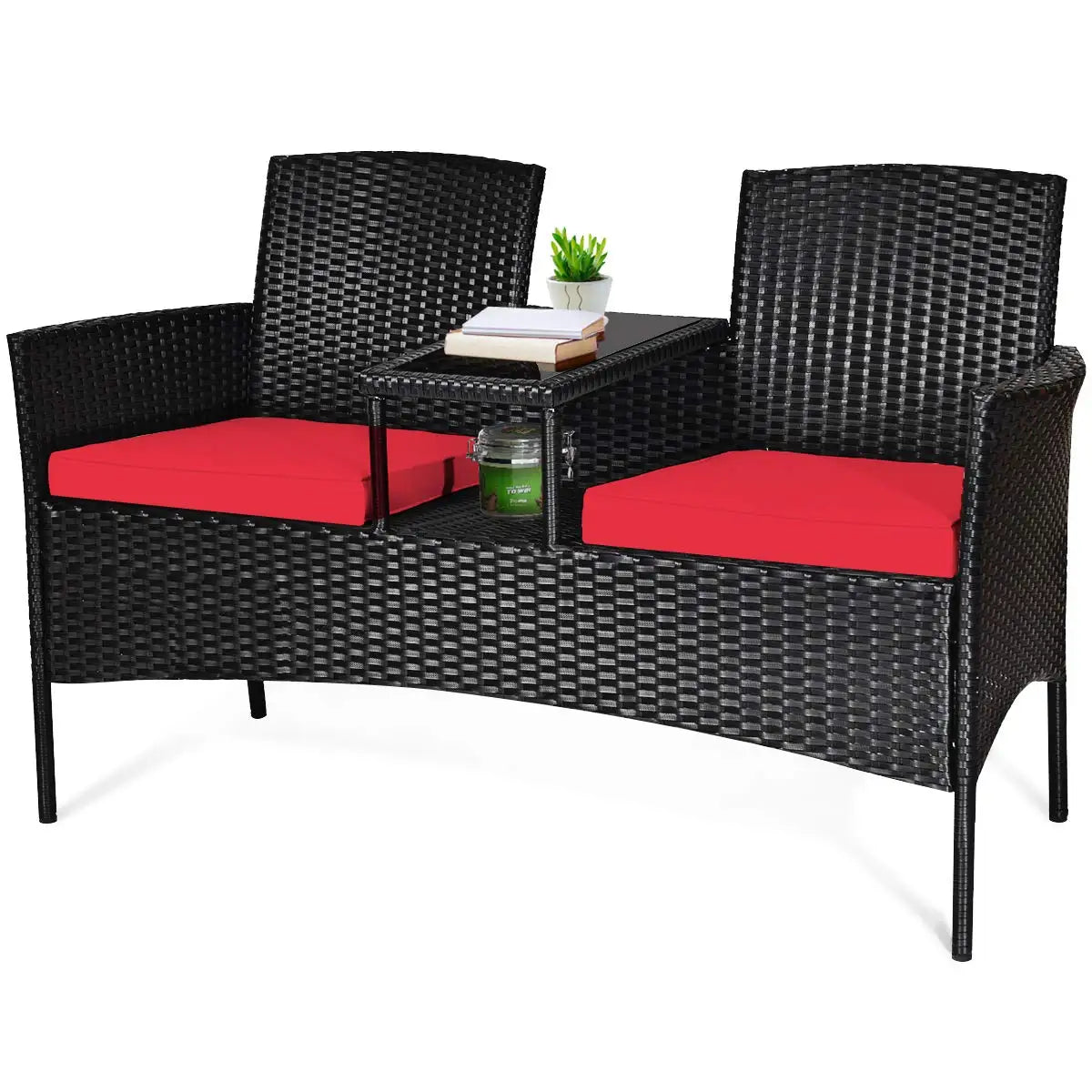 Outdoor Rattan Loveseat Patio Set With Cushions And Table Weatherproof