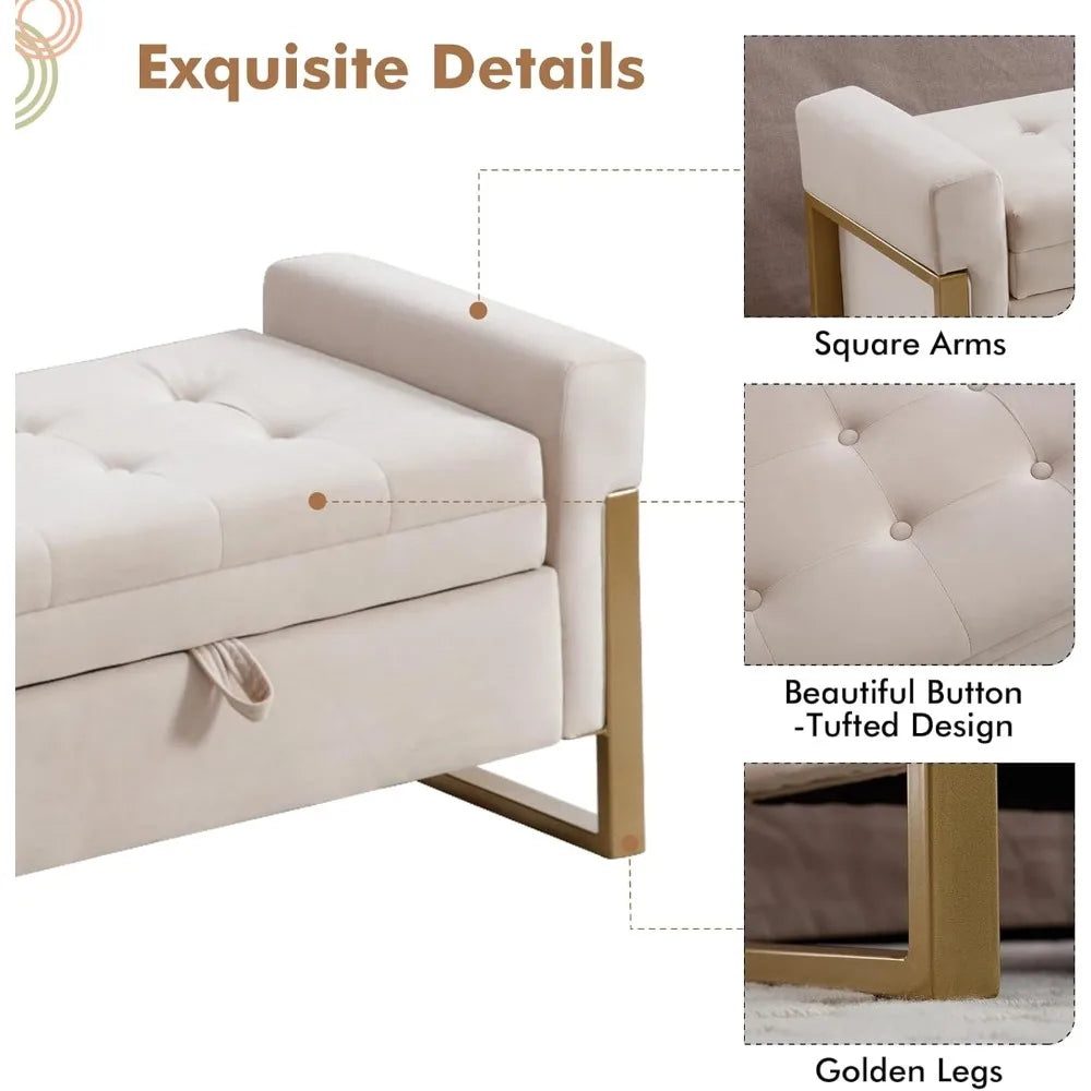 Supercalifragilisticexpialidocious Velvet Storage Bench With Goldtone Legs For Bedroom