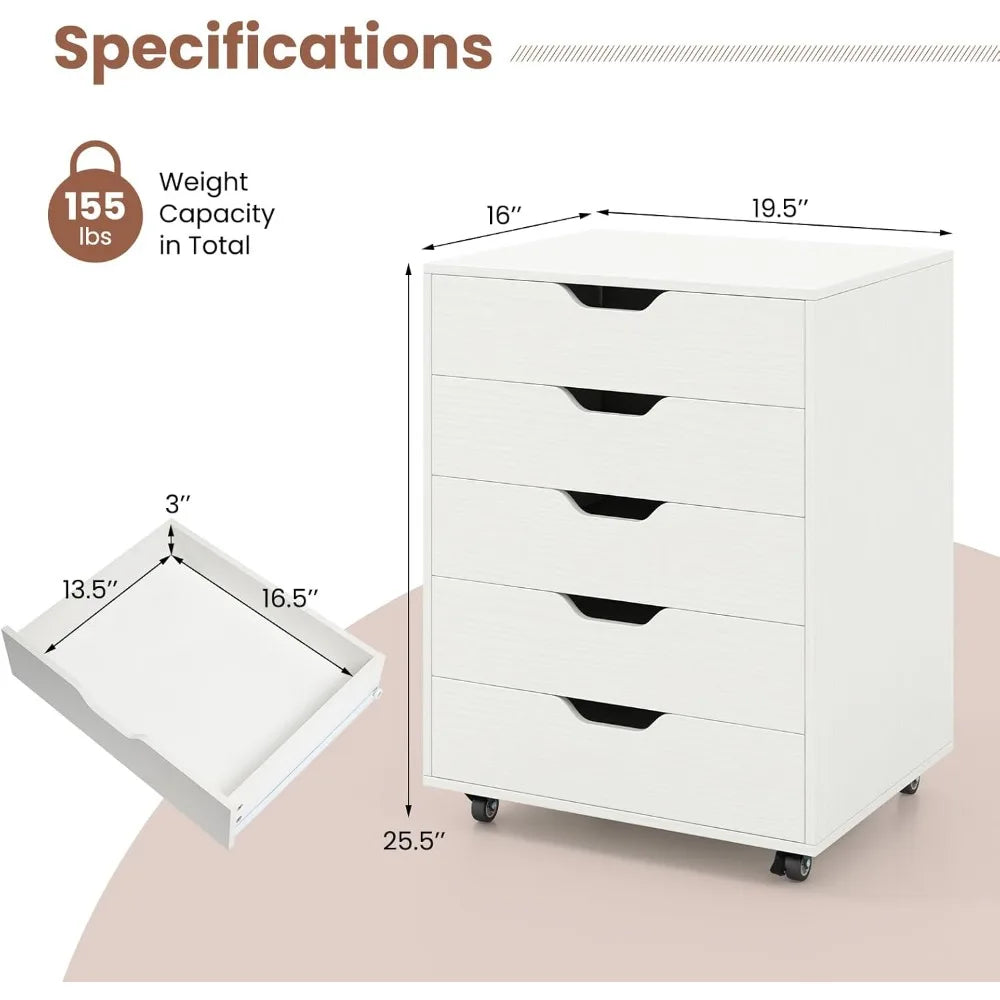 5-Drawer Storage Cabinet, Versatile Drawer of Chest with Lockable Wheels, Mobile Office Lateral File Cabinet,for Home,Customized